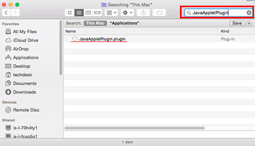 Screenshot of a macOS Finder window showing the results of a search for JavaAppletPlugin to be a single file named JavaAppletPlugin.plugin